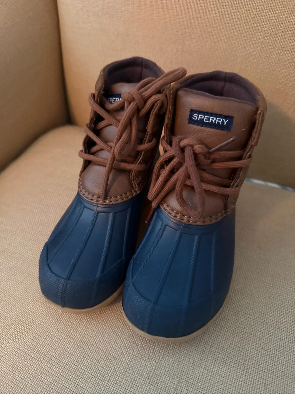 Sperry Toddler Duck Boots Size 10M Brown & Navy Lace-Up Rain Boots